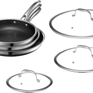 HexClad Hybrid Nonstick 6-Piece Fry Pan Set. 8. 10. and 12-Inch Frying Pans with Tempered Glass Lids. Stay-Cool Handles. Dishwasher-Friendly. Induction Ready. Compatible with All Cooktops