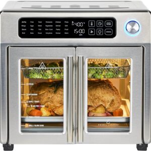 Emeril Lagasse Extra Large French Door Air Fryer Toaster Oven Combo. 24 Cooking Functions and Digital Controls. 7 Accessories Included. Stainless Steel Finish. 26QT Capacity